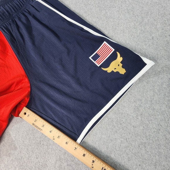 Under Armour Project Rock USA Loose Fit Mesh Shorts Mens M Red White Blue Pocket - Picture 11 of 16